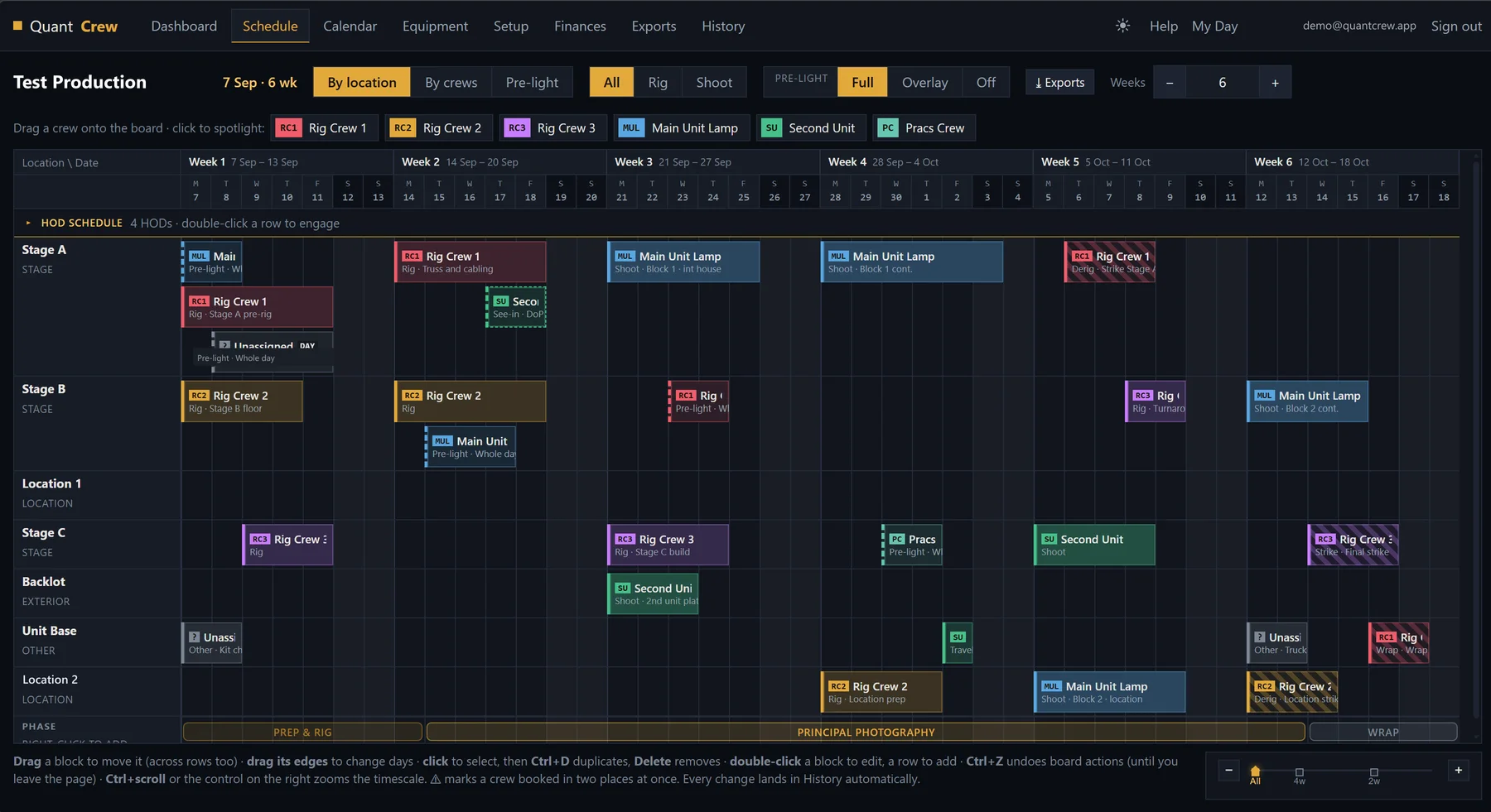 QuantCrew's schedule board for a placeholder six-week production — rig, shoot and derig blocks for six crews laid across stages, locations and the backlot, with the prep, principal photography and wrap phases banded along the bottom.