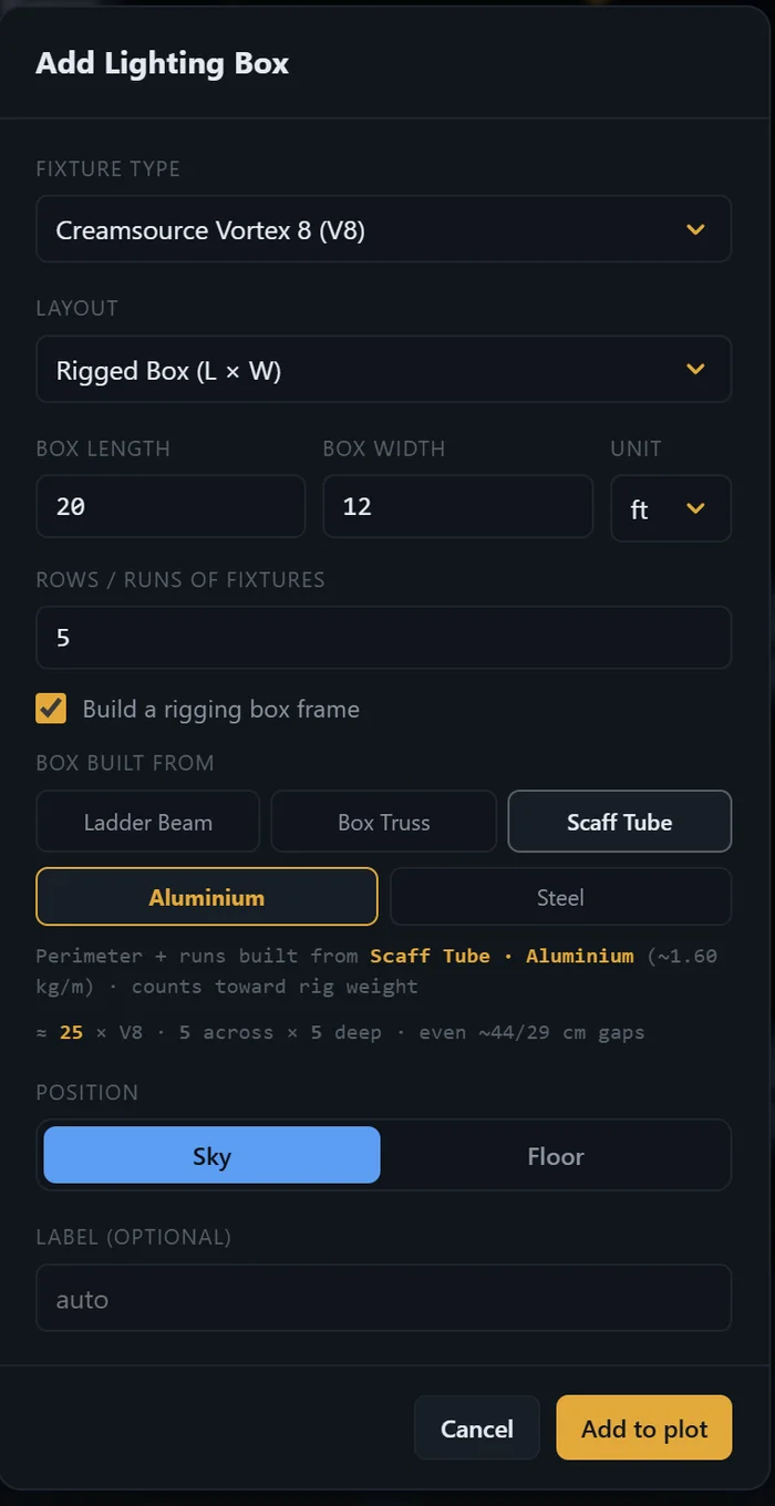 QuantPlot's Add Lighting Box dialog — a 20 by 12 foot rigged box of Creamsource Vortex 8s, five runs on a scaff-tube aluminium frame, working out to 25 heads with even gaps.