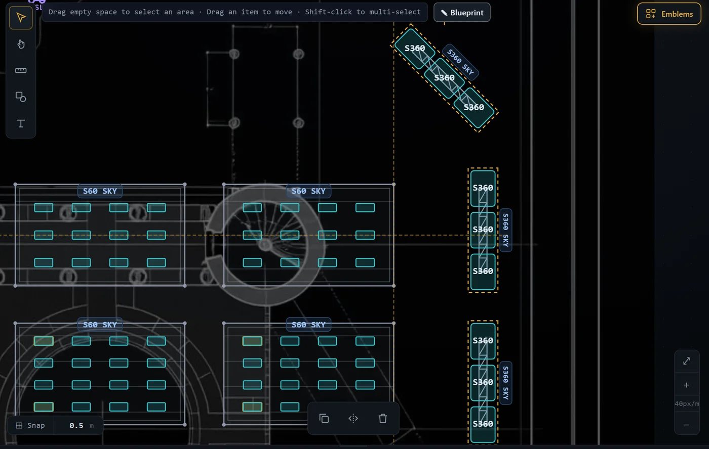 The QuantPlot canvas — four S60 sky boxes arrayed over the stage blueprint, a diagonal S360 run, and S360 columns selected with dashed gold handles.