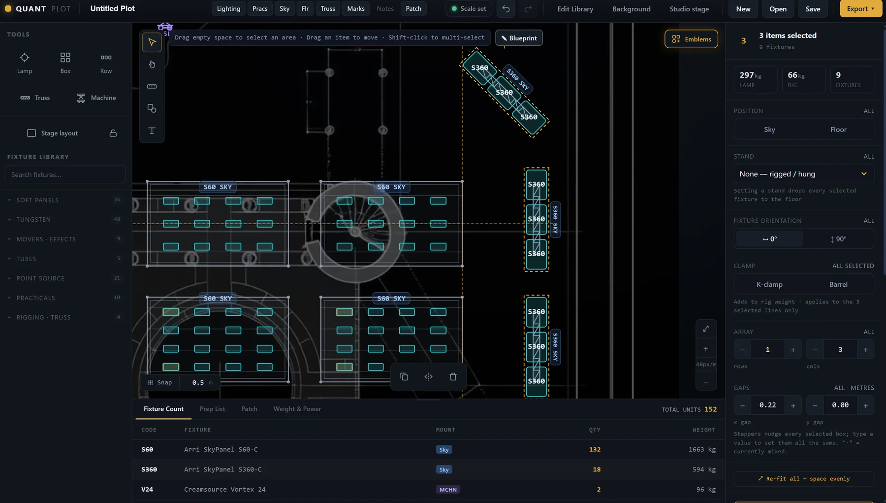 QuantPlot in the browser — S60 SkyPanel sky arrays and a diagonal S360 run over a blueprint underlay, nine fixtures multi-selected with live weight and array controls in the right panel, and the running fixture count along the bottom.