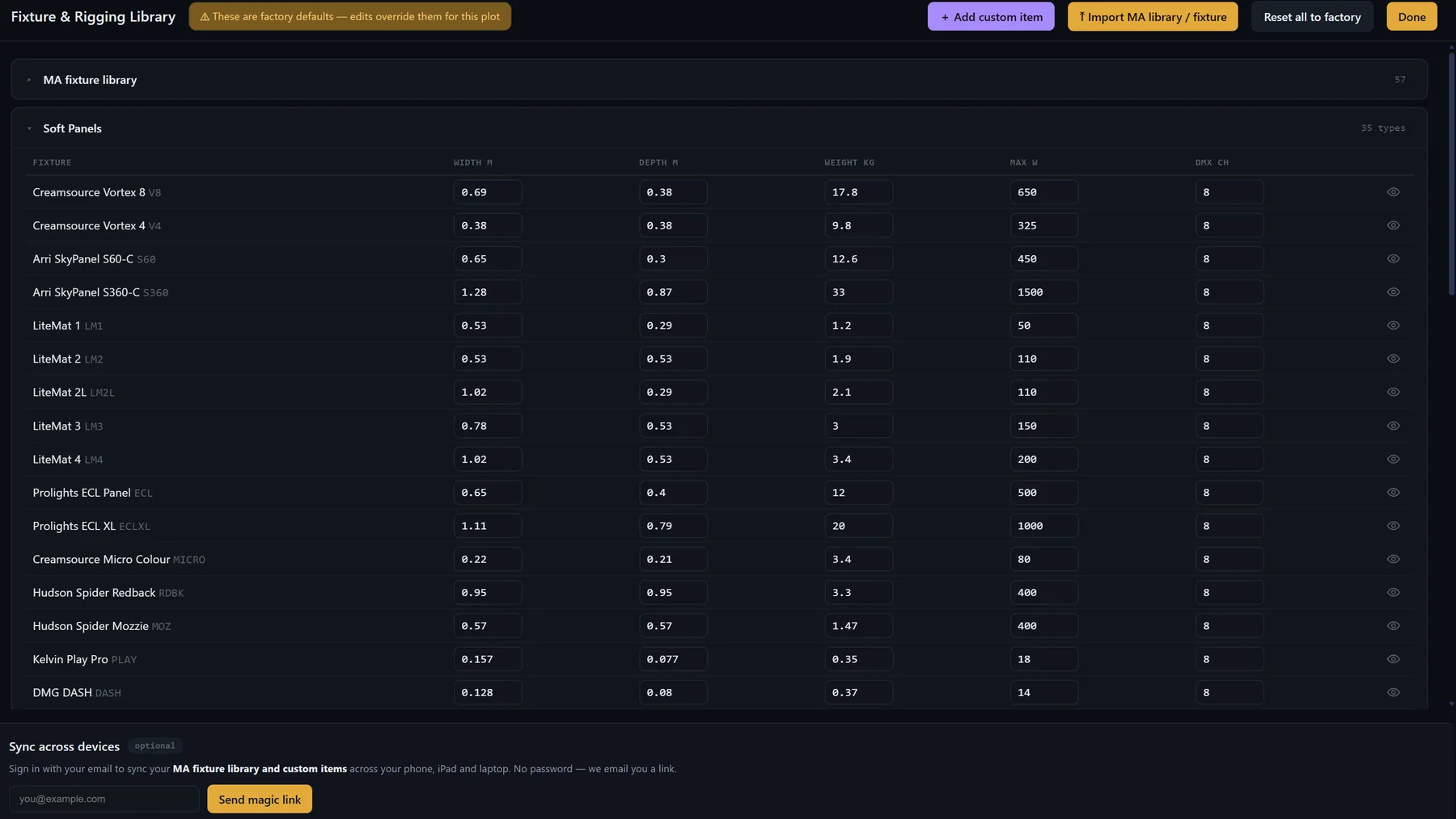 QuantPlot's Fixture and Rigging Library — soft panels from Creamsource, Arri, LiteGear, Prolights, Hudson and DMG with editable width, depth, weight, max wattage and DMX channels, an imported MA fixture library above, and magic-link sync below.