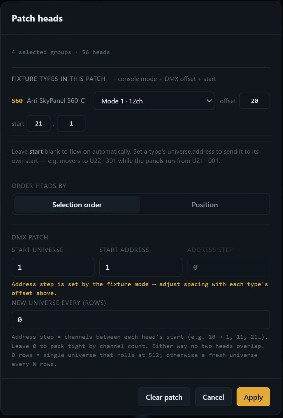 QuantPlot's Patch heads dialog — 4 selected groups, 56 heads; the S60 SkyPanel set to console Mode 1 at 12 channels with a DMX offset and a start of universe 21 address 1; heads ordered by selection or position; start universe, start address and address step below.