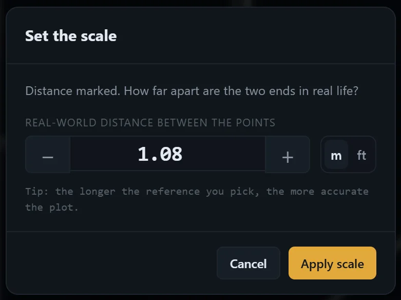 QuantPlot's set-the-scale dialog — mark a distance on the blueprint and type the real-world measurement.