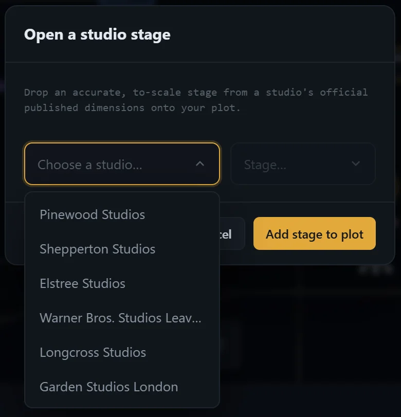 QuantPlot's studio-stage picker — Pinewood, Shepperton, Elstree, Warner Bros. Leavesden, Longcross and Garden Studios, dropped to scale from official published dimensions.